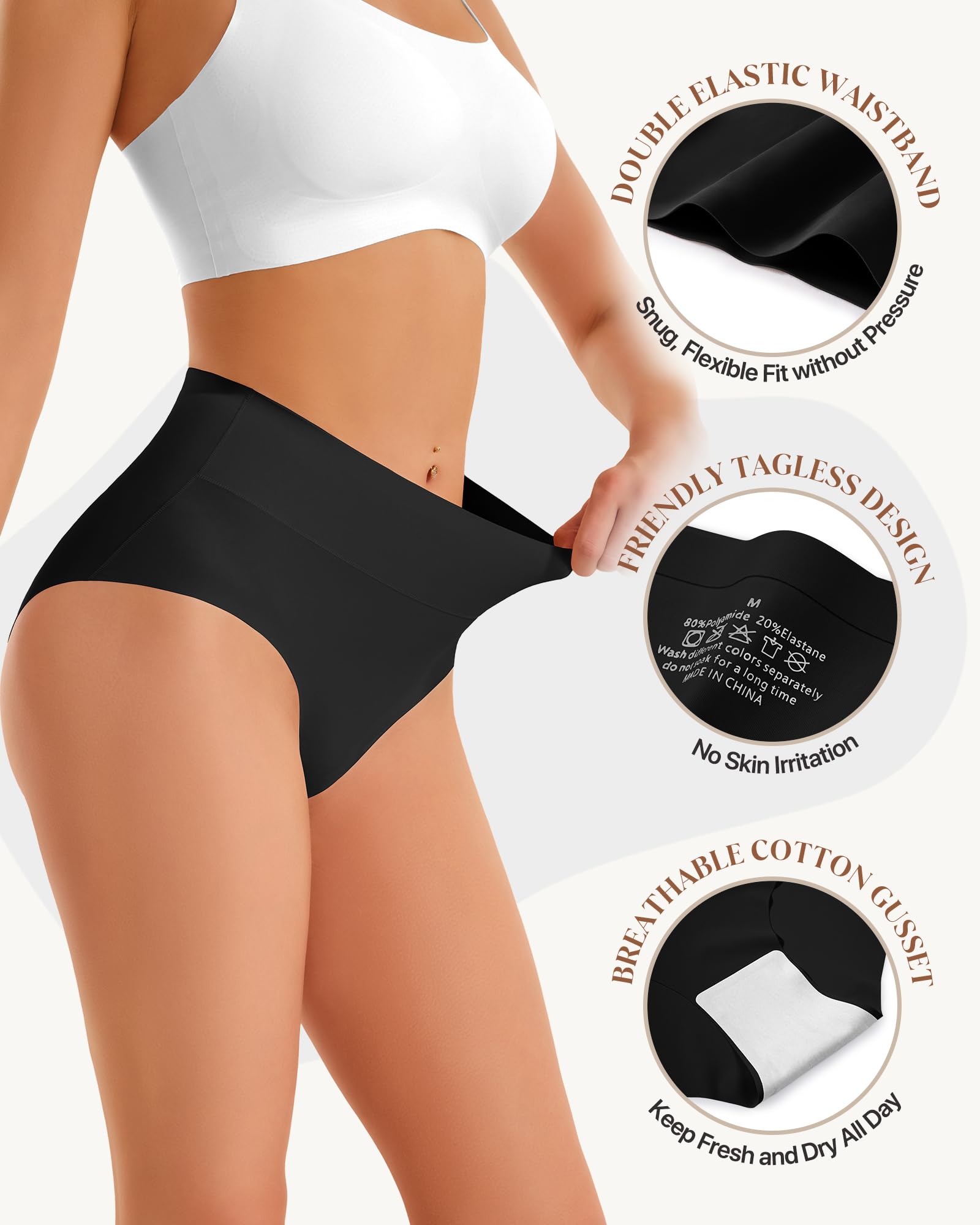 Womens Underwear Seamless High Waisted Tummy Control Panties No Show | Full Coverage, Lightweight, Soft Stretch, Cool and Breathable, Tagless Briefs